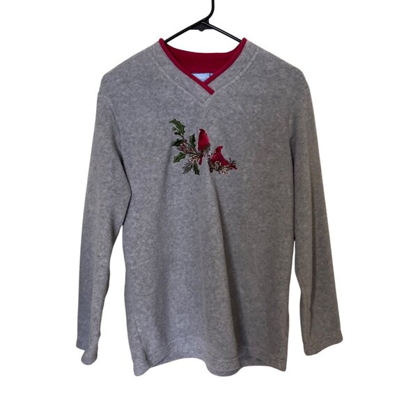 Gray Long Sleeve V-Neck Fleece Pullover M Embroidered Cardinals - Picture 1 of 12